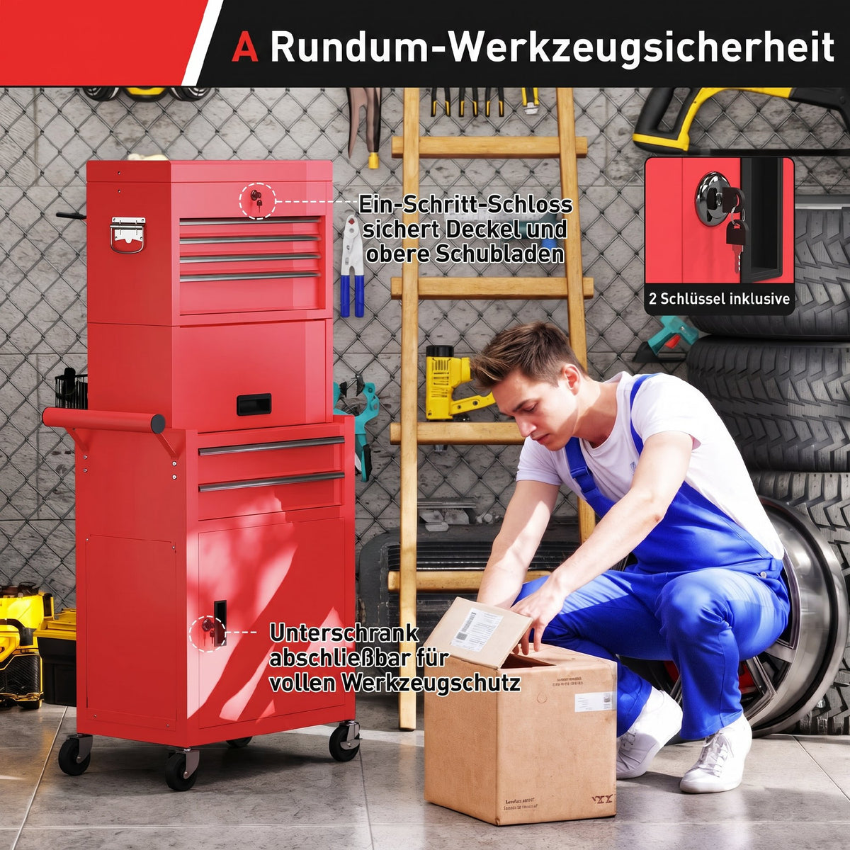 HOMCOM Rollbarer Werkzeugschrank, 6 Schubladen, 2 Schränke, Stahl, verschließbar, Rot – Produktabbildung 7