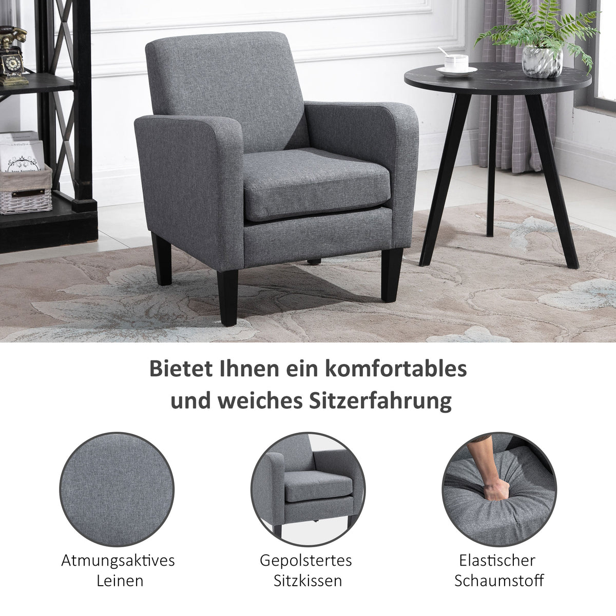 Einzelsessel, Relaxsessel, Polstersessel mit Holzfüßen, Stoff in Leinenoptik, 66 x 72 x 74 cm, Hellgrau – Produktabbildung 5