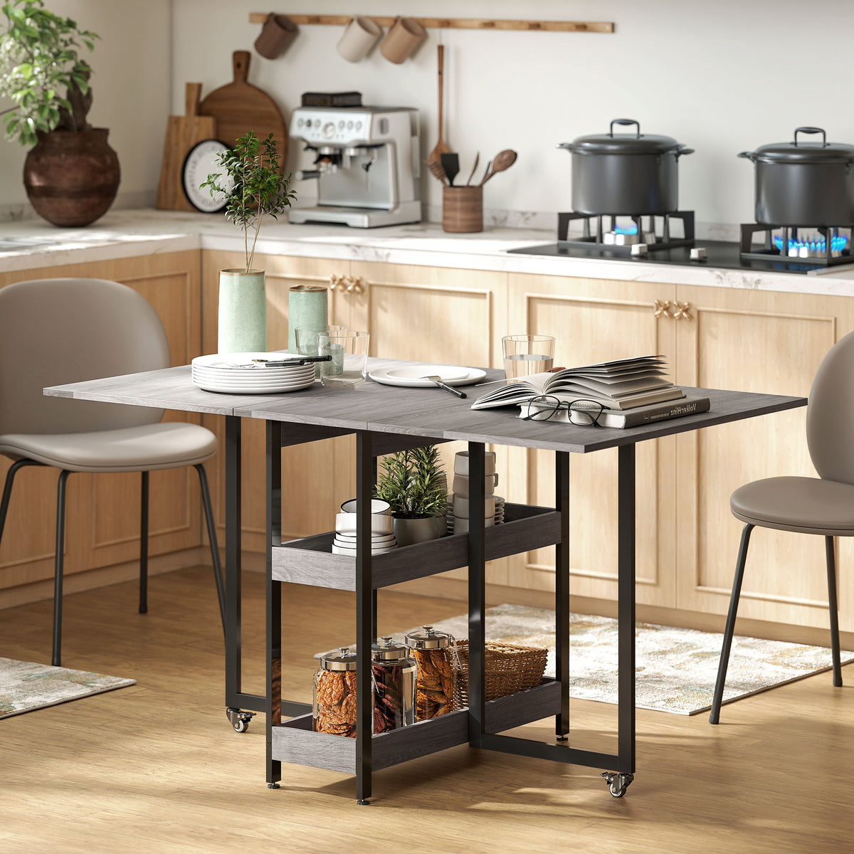 HOMCOM Klappbarer Esstisch im Industriedesign, für bis zu 4 Personen, offene Regale, flexibel, Metall – Produktabbildung 2