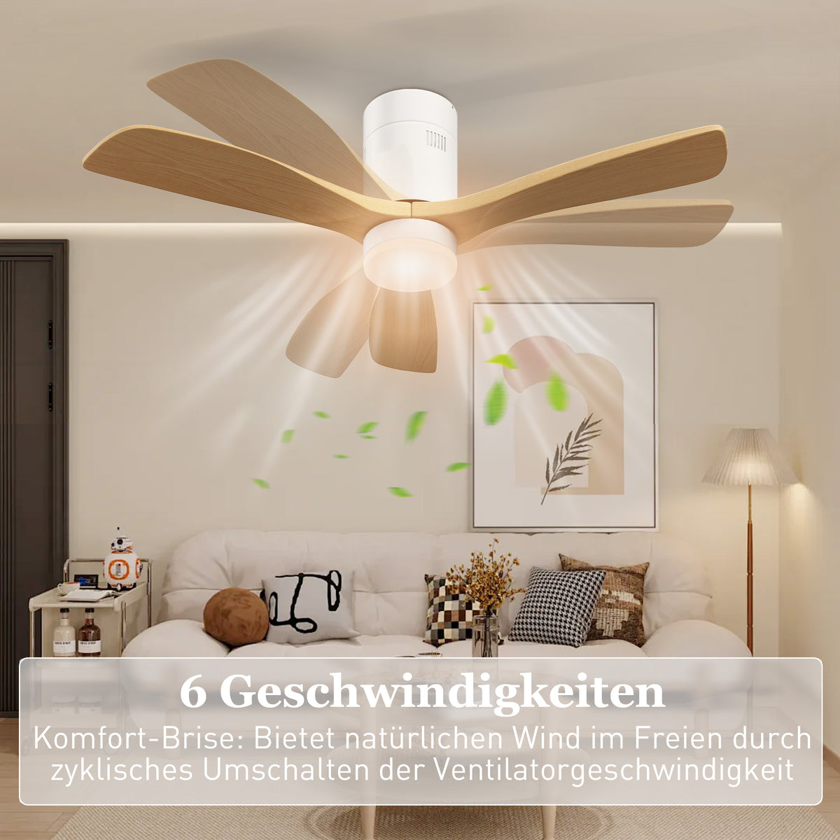 HOMCOM Deckenventilator mit LED-Licht, 6 Geschwindigkeiten, Fernbedienung, Hellbraun – Produktabbildung 5