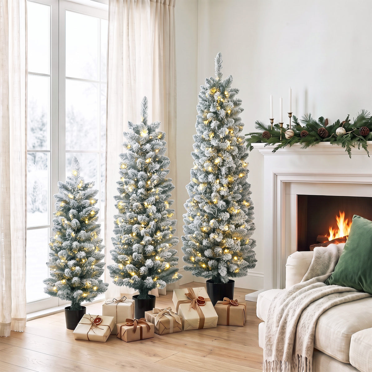 HOMCOM 3er-Set schneebeflockte LED-Weihnachtsbäume, schmal, mit PVC-Zweigen, 90/120/150 cm – Produktabbildung 2