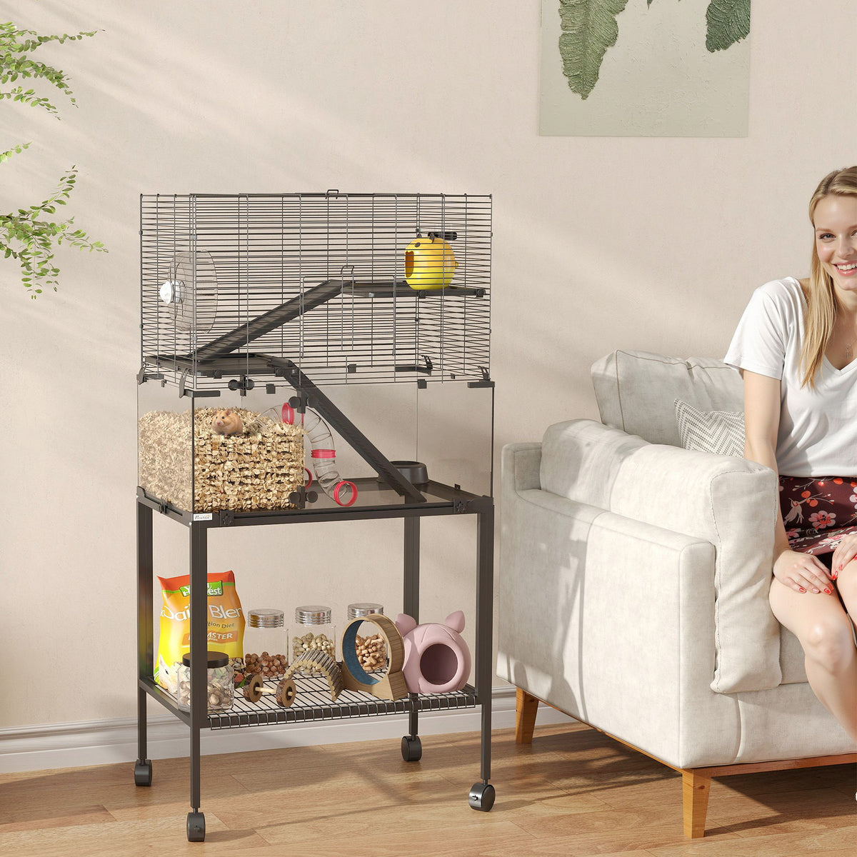 PawHut Hamsterkäfig, Kleintiergehege mit 3 Ebenen, Laufrad, Hütte, Plattformen, Rampen, Futterschale – Produktabbildung 2