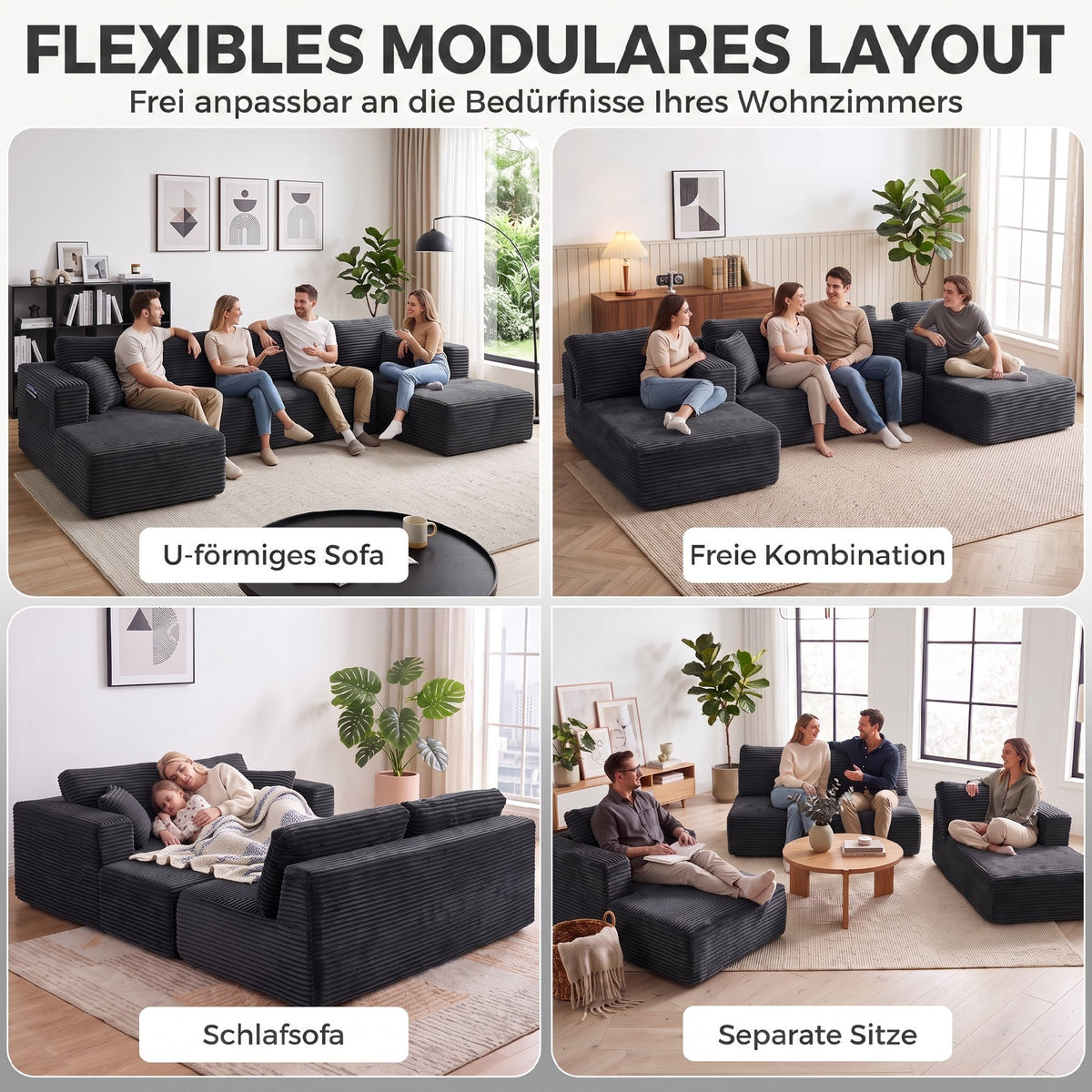 HOMCOM Modulares U-Sofa mit 2 Chaiselongues, Cord-Schlafsofa mit hochdichtem Schaumstoff und – Produktabbildung 4