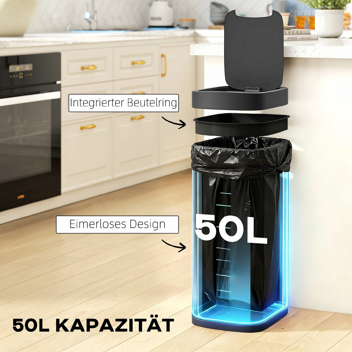 HOMCOM 50L Sensor-Mülleimer, berührungslos Küchenmülleimer mit Bewegungssensor, fingerabdruckresistent – Produktabbildung 5