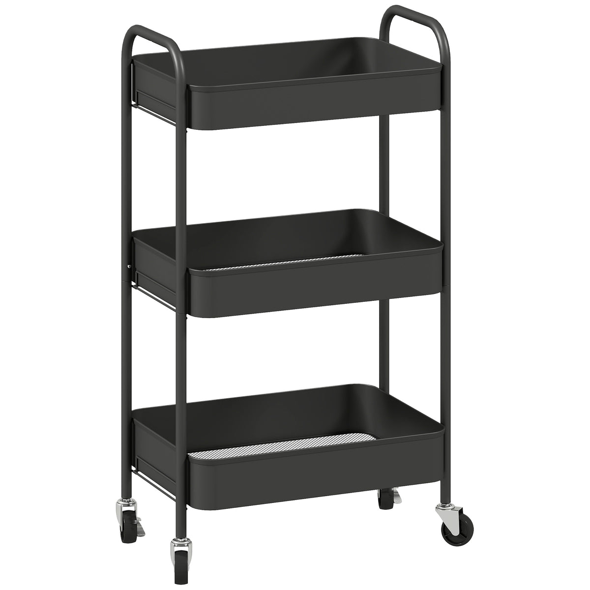 HOMCOM Mehrzweckwagen Rollwagen Küchenwagen, 3 Regale, 4 Rollen, 45 cm x 30,6 cm x 79 cm, Schwarz