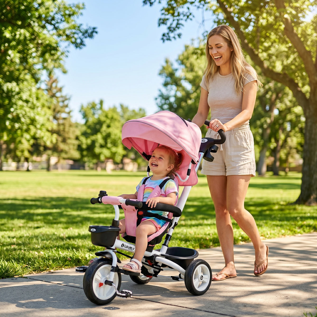 HOMCOM 6-in-1 Kinderdreirad mit Schiebestange, Dach, Gurt, Ablagekorb, 18+ Monate, Rosa – Produktabbildung 2