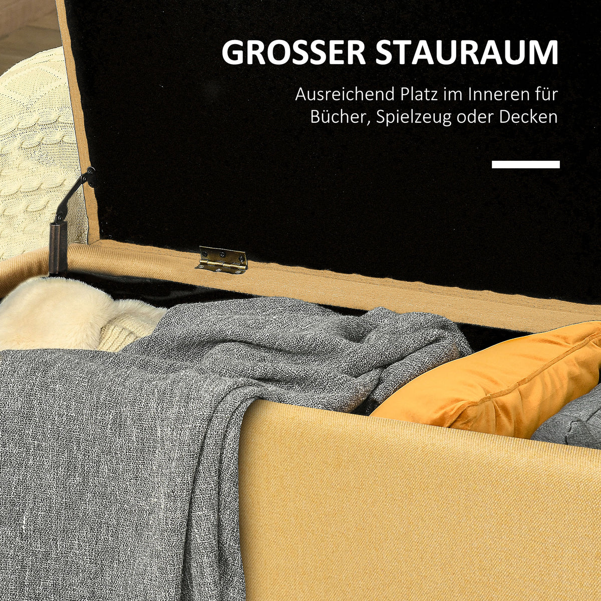 HOMCOM Sitzbank, Sitztruhe, Polsterbank, Leinenoptik, bis 150kg, 101x38,5x44,5 cm, Gelb – Produktabbildung 4