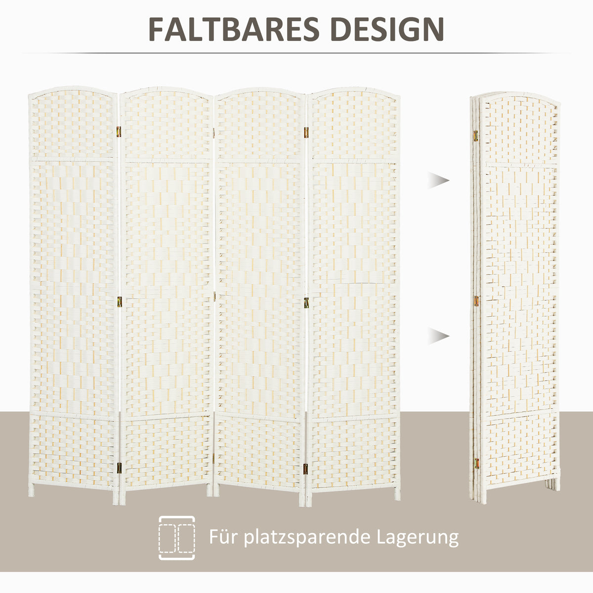 HOMCOM Raumteiler, 4-teilig faltbare Trennwand, Geflechtmuster, Kiefernholz, Weiß – Produktabbildung 4