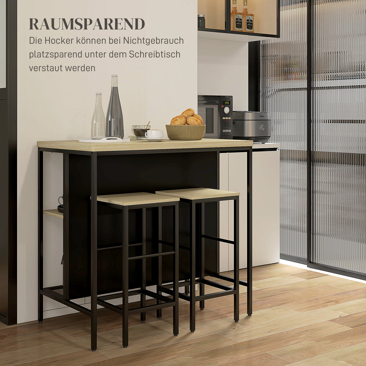 HOMCOM Bar-Set, 2 Barstühle & 1 Bartisch, fleckenresistent, stabil, Stahlrahmen, Schwarz/Eiche – Produktabbildung 6