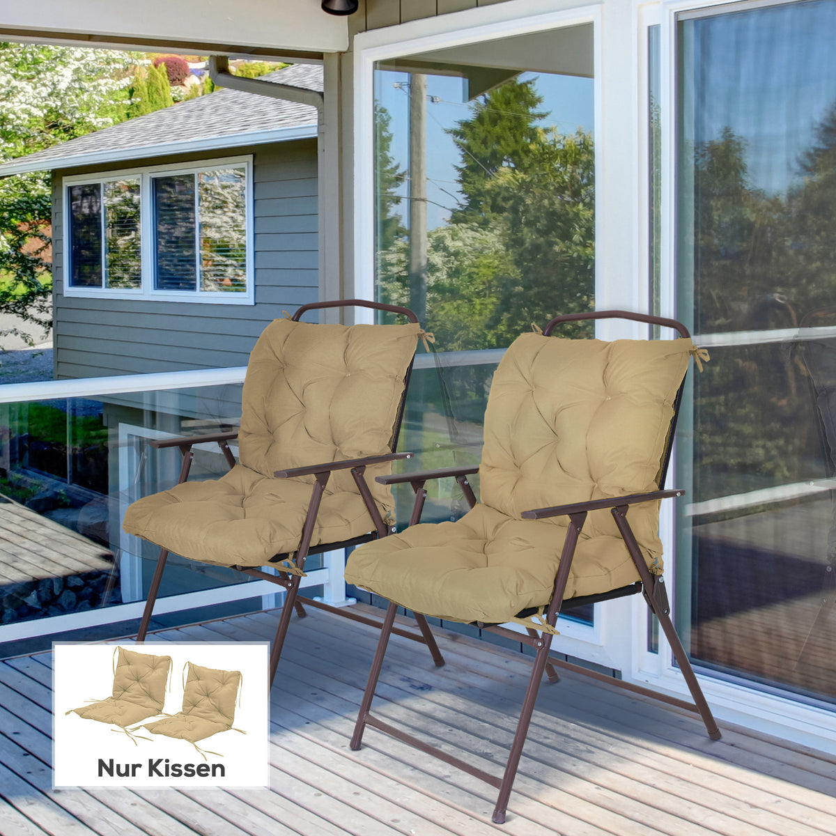 Outsunny 2er-Set Sitzkissen, 98 x 50 cm Stuhlkissen mit Bindebänder, Stoffbezug, 8cm dick Khaki – Produktabbildung 2