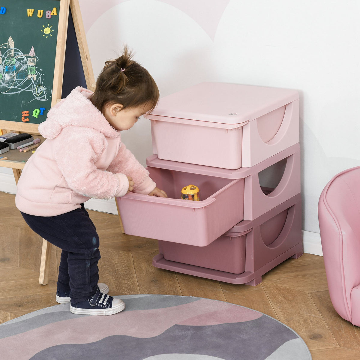Aufbewahrungsboxen für Kinder, 3 Schubladen, abgerundete Kanten, erhöhtes Design, 37x37x56,5 cm, Rosa – Produktabbildung 2