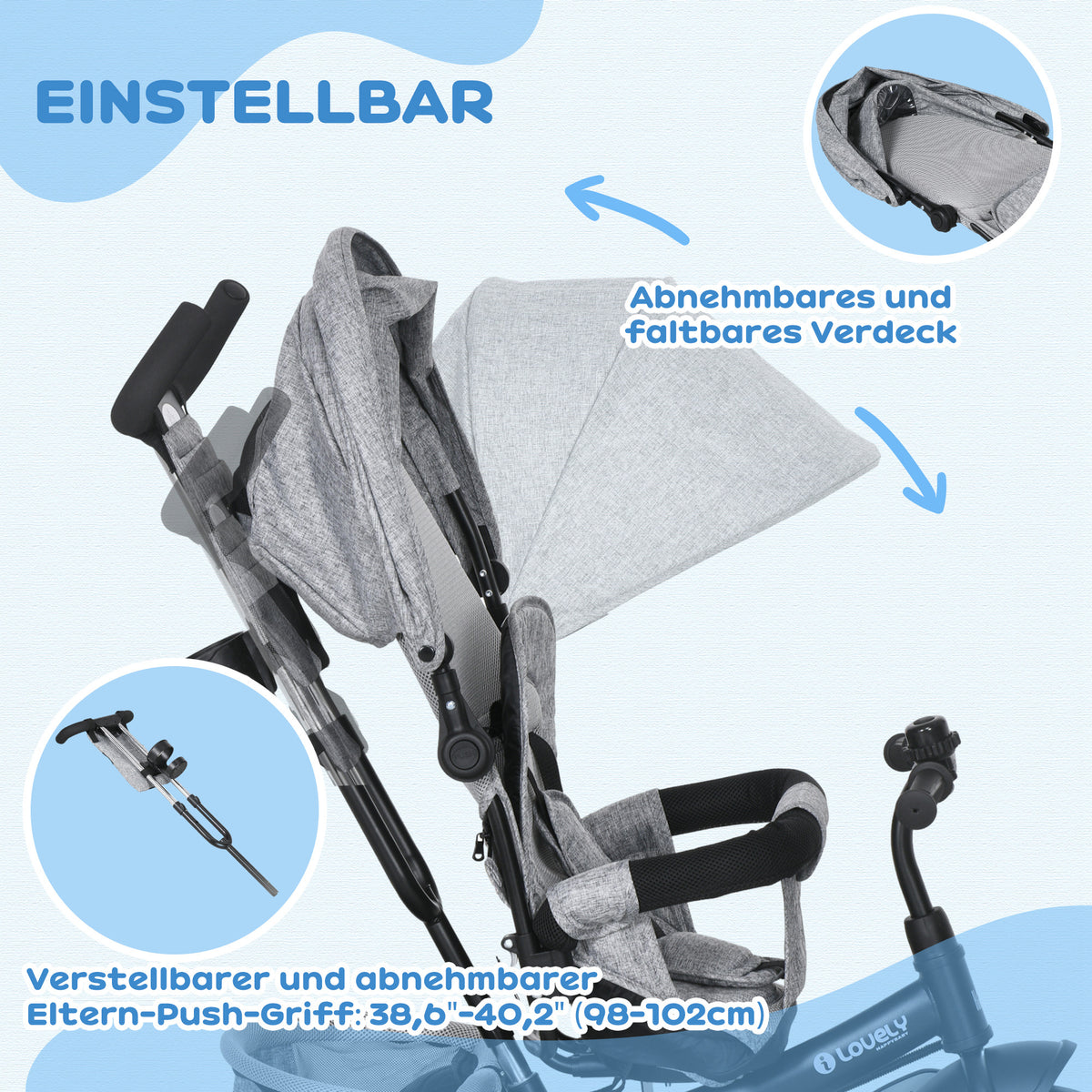 HOMCOM Kinder-Dreirad, Kinderfahrrad, Rückenkorb, Becherhalter, Sonnendach, Metall, Grau – Produktabbildung 5