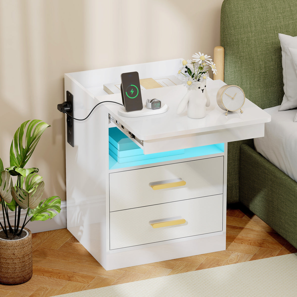 HOMCOM Nachttisch, Beistelltisch mit Ladestation und RGB-LED-Beleuchtung, Hochglanz Weiß – Produktabbildung 2