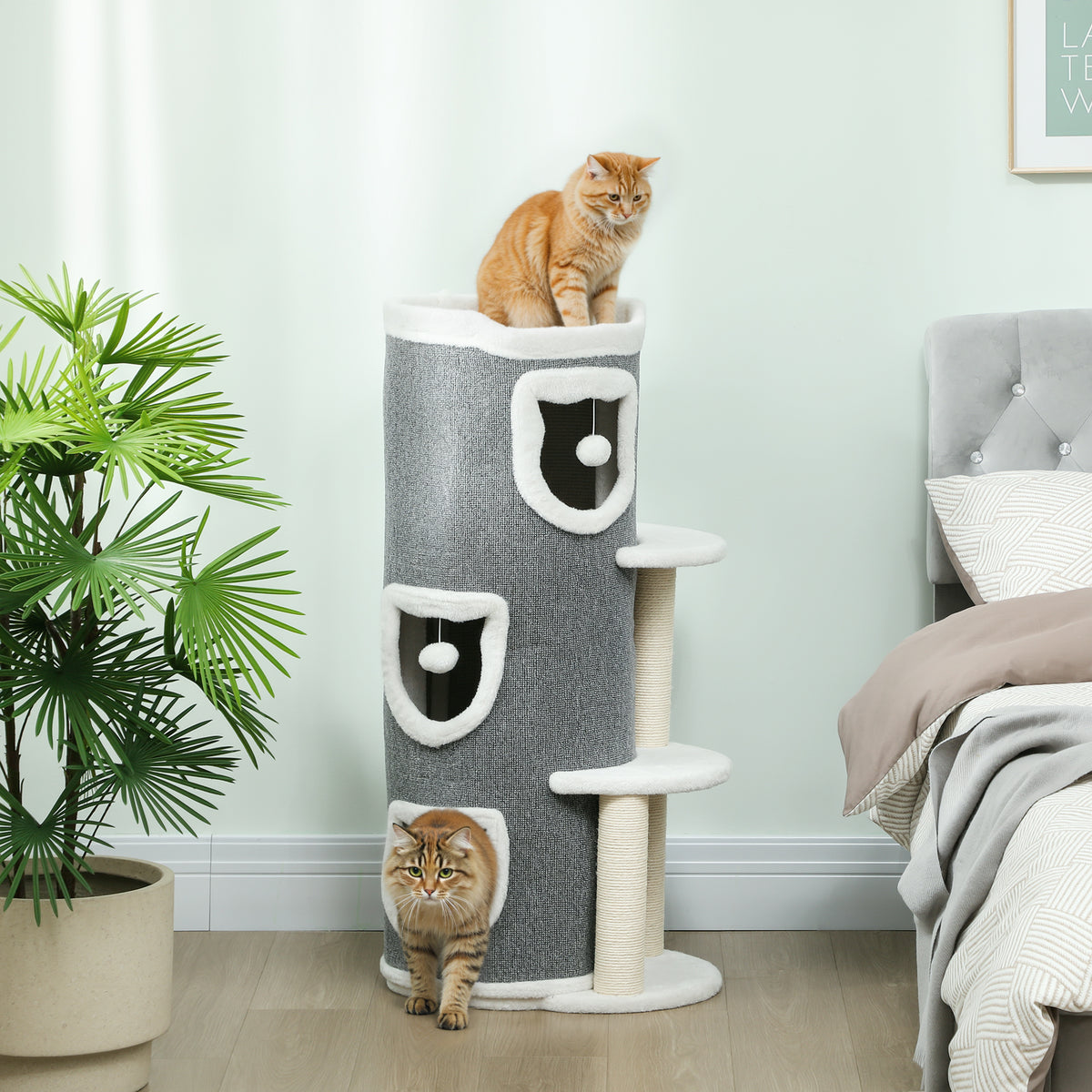 PawHut 101 cm Katzenturm, 3 Ebenen, 3 Schlafhöhlen, Spielbälle, Kratzpfosten, Sisal, Spanplatte, Grau – Produktabbildung 2
