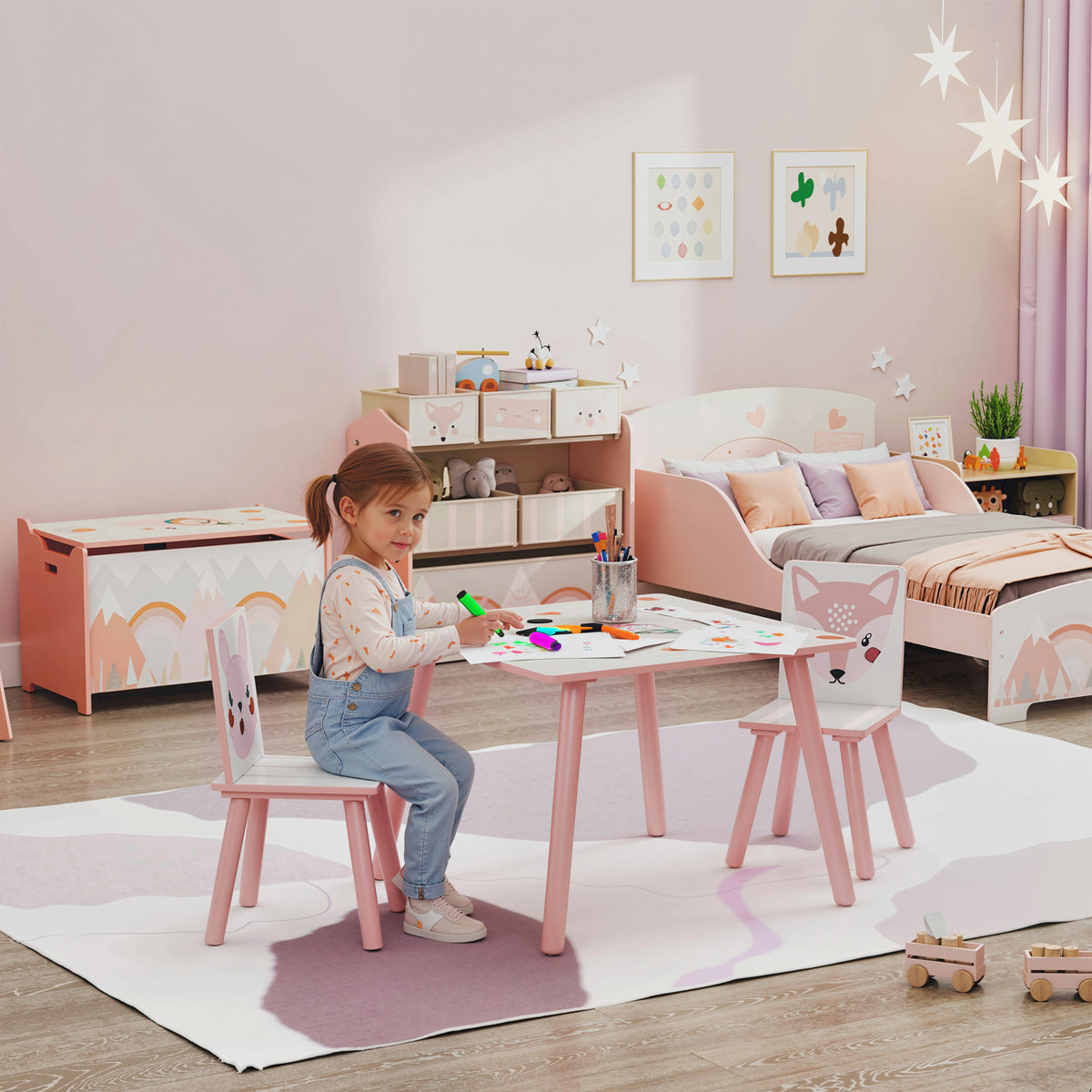 Kindersitzgruppe aus Kiefernholz, Tisch mit 2 Stühlen, Tiermotiv, Kinderzimmer, 3-8 Jahre, Rosa – Produktabbildung 2