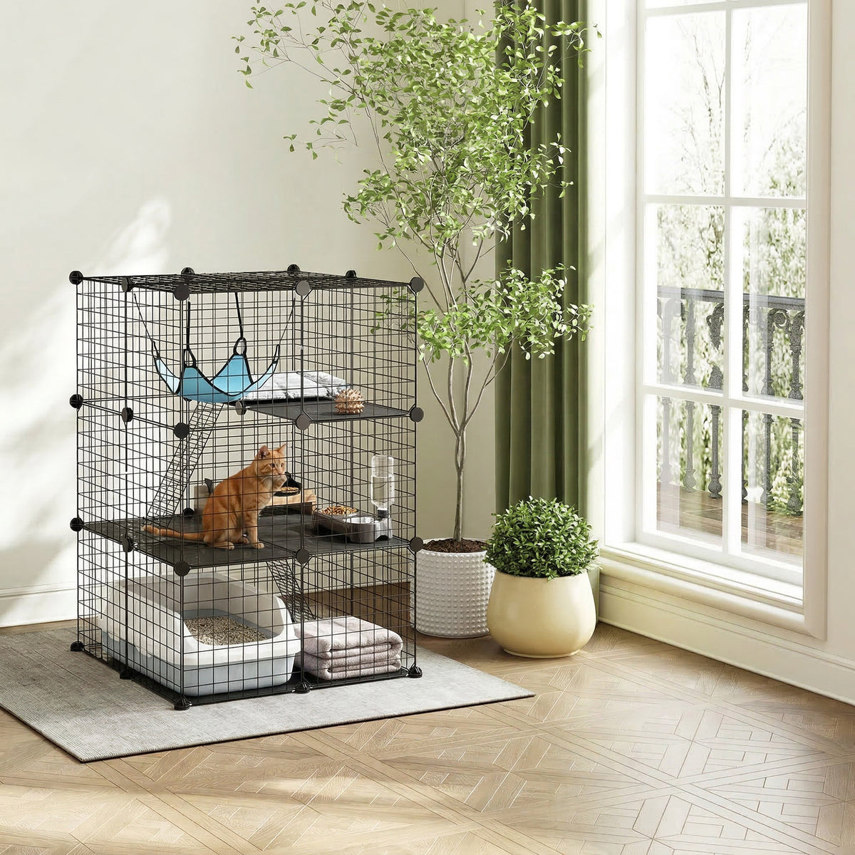 PawHut ndoor Katzenkäfig 105 cm, Stahl-Katzengehege mit 3 Türen, DIY-anpassbares Design für Kätzchen – Produktabbildung 2