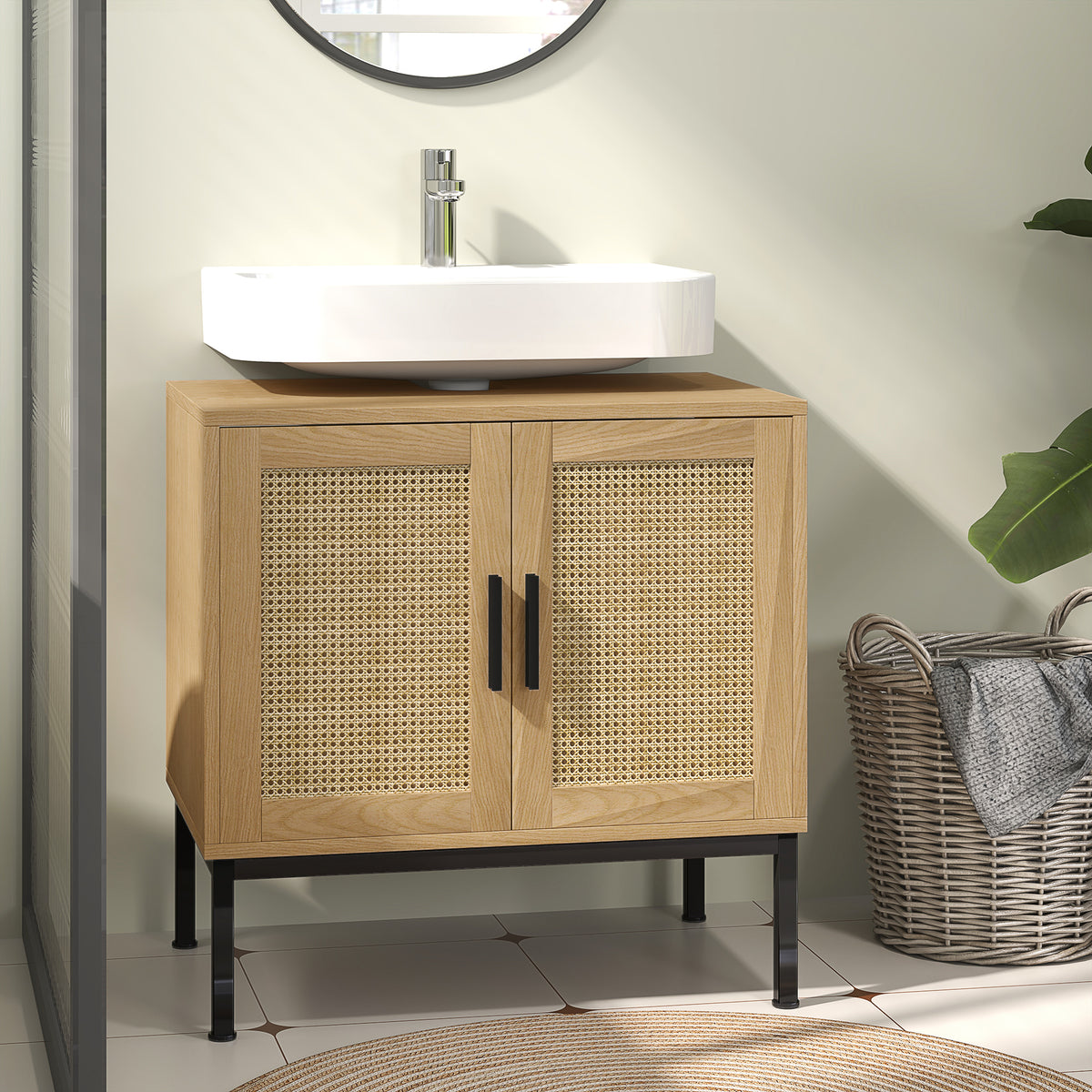 KleanKin Badezimmerunterschrank, im Boho-Design, Badezimmerschrank, Rattan-Elemente, mit U-Ausschnitt – Produktabbildung 2
