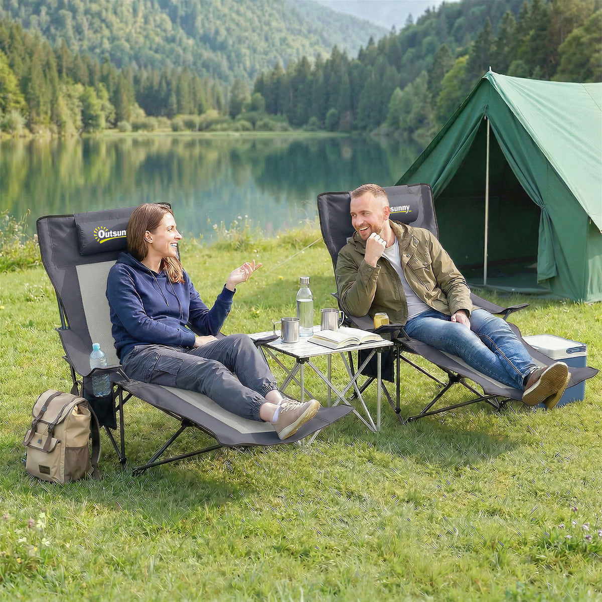 Outsunny 2er Set Campingstuhl faltbar Angelstuhl mit verstellbarer Rückenlehne Fußablage Getränkehalter – Produktabbildung 2