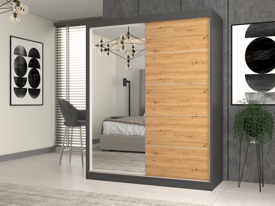 Kleiderschrank IGA 160 A/C ANTHRAZIT ARTISAN 1 x Spiegel Sprossen für Schlafzimmer Flur – Produktabbildung 2