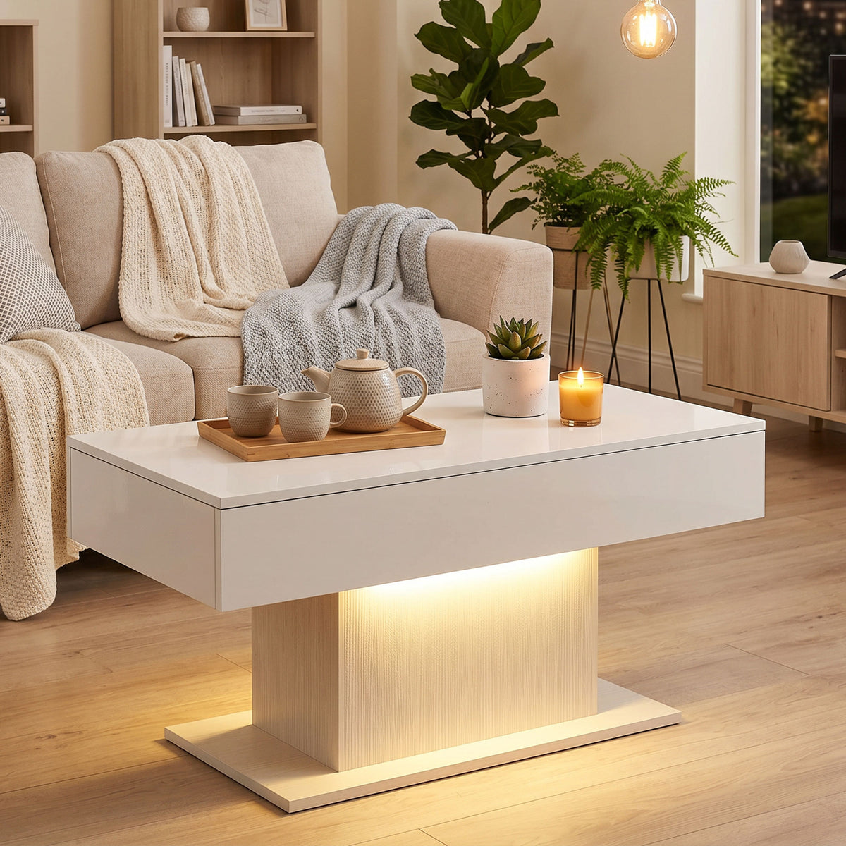 HOMCOM LED Couchtisch mit Stauraum, Hochglanz, Modern, 2 Schubladen & Fernbedienung, Weiß – Produktabbildung 2