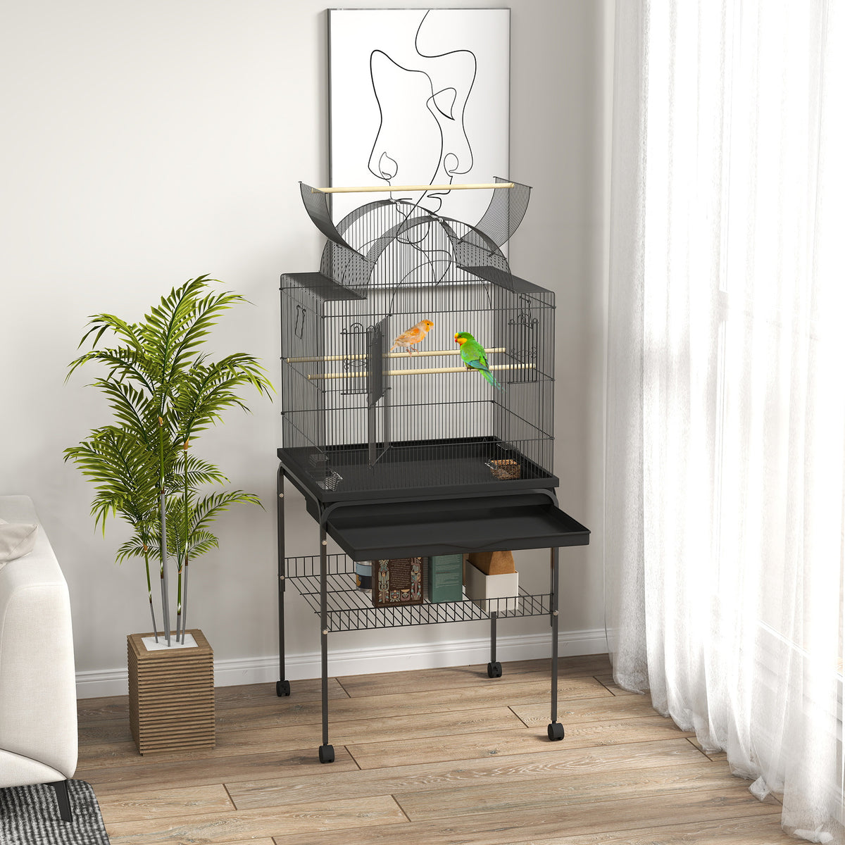 PawHut Vogelkäfig für Kanarienvögel & Wellensittiche, mobil, mit Bodenfach, Metallgitter, Schwarz – Produktabbildung 2