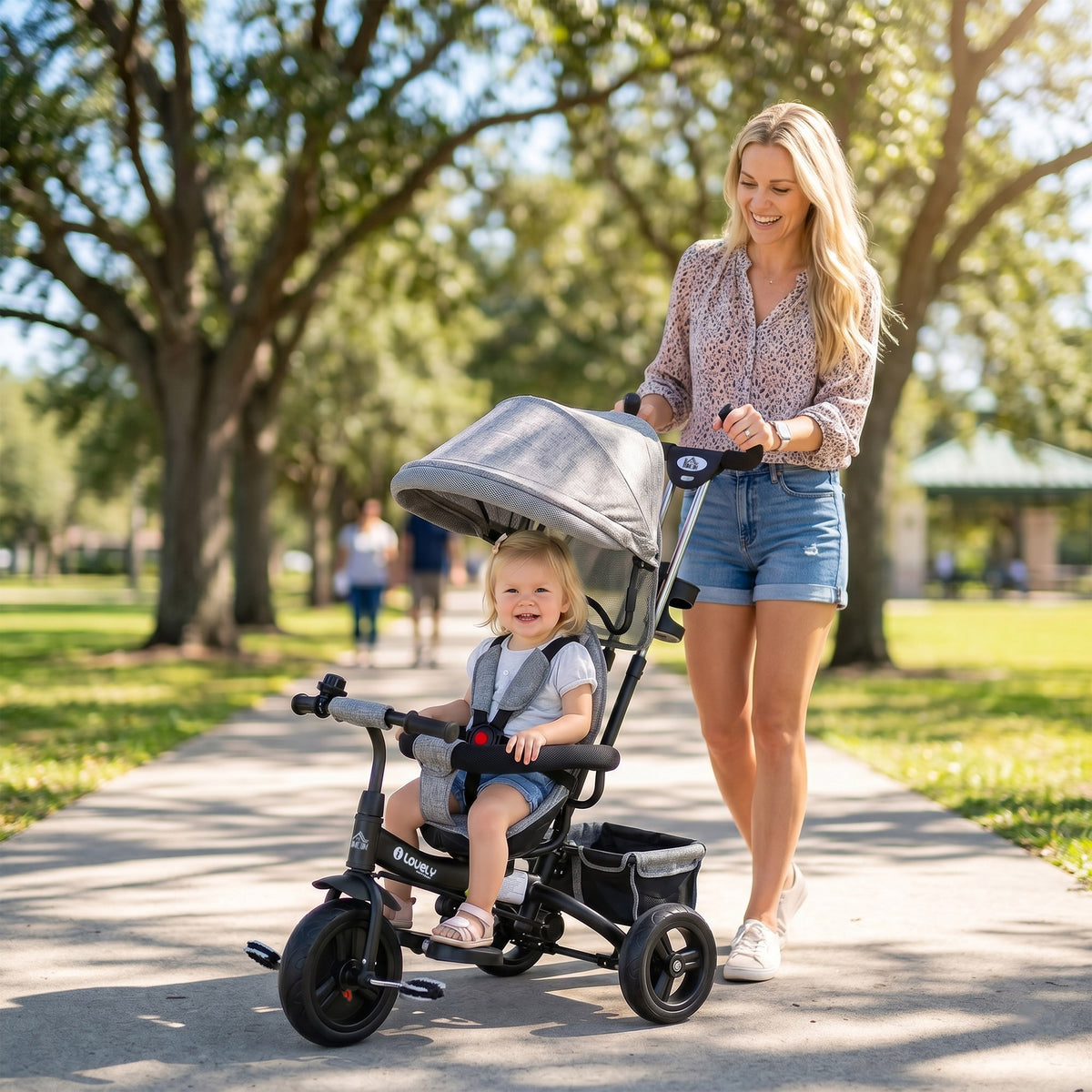 HOMCOM 6-in-1 Kinderdreirad mit Schiebestange, Dach, Gurt, Ablagekorb, für 1-5 Jahre, Grau – Produktabbildung 2