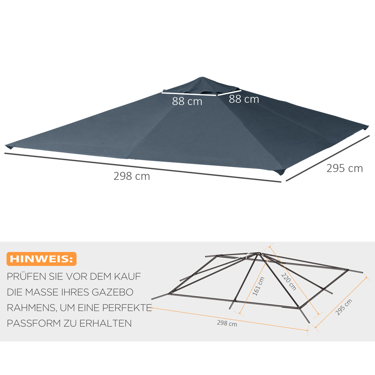 Ersatzdach für Gartenpavillon, Polyester, 2,98 x 2,95 m, Dunkelgrau – Produktabbildung 3