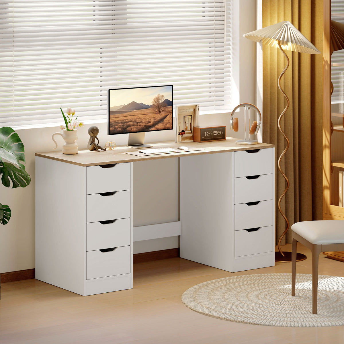 HOMCOM 140 cm Computertisch, 8 Schubladen, Schreibtisch für Homeoffice, Schlafzimmer, Stahl, Holz, Natur – Produktabbildung 2