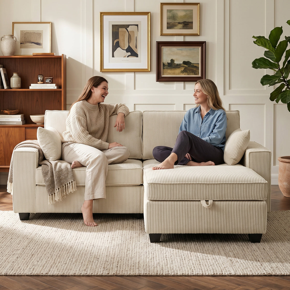 HOMCOM Ecksofa 216 cm 3-Sitzer L-Form Sofa mit Umkehrbarem Aufbwahrungshocker, Cord-Optik, Breiter – Produktabbildung 19