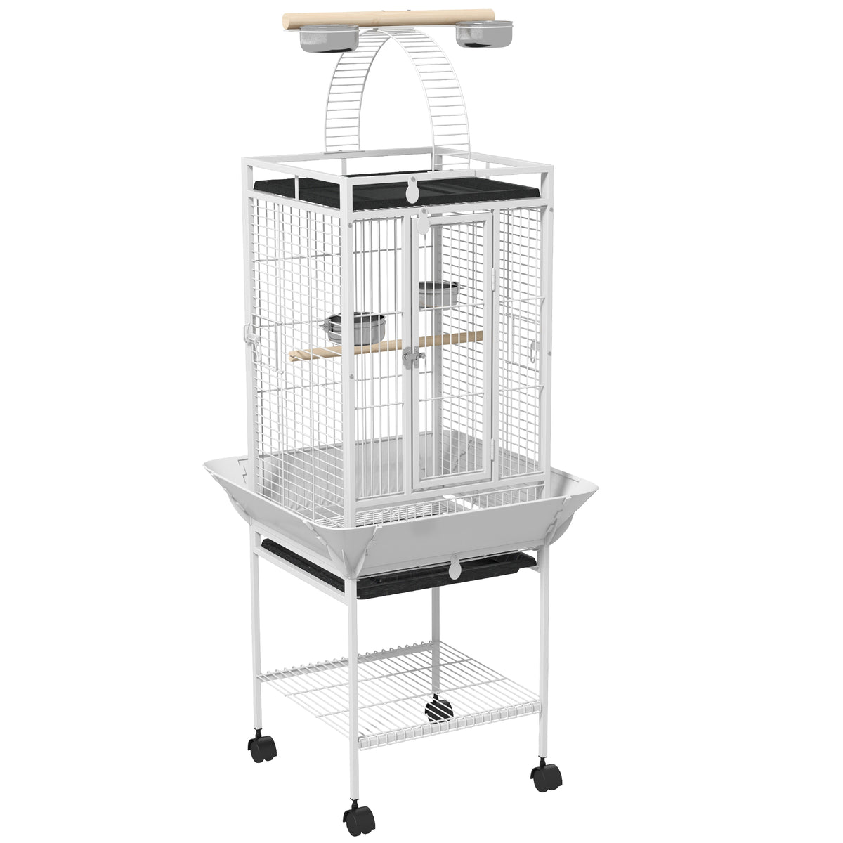 PawHut Vogelkäfig, Papageienkäfig mit 3 Türen, 2 Sitzstange, 360° Rollen, Futternapf, Ablage, Freisitz
