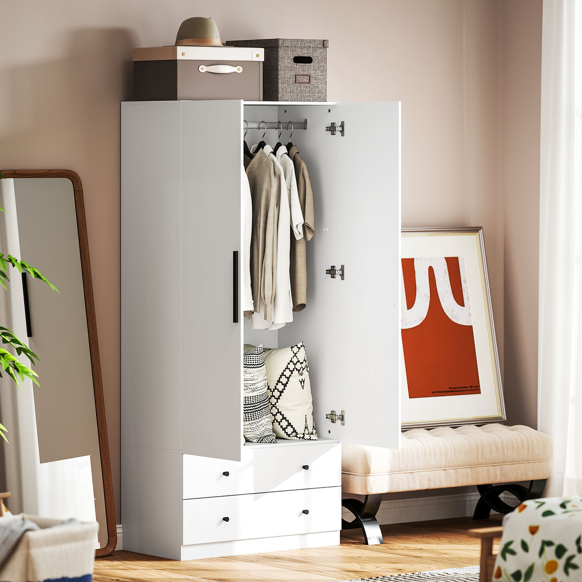 HOMCOM Kleiderschrank, 2 Türen, Hängebereich, Kleiderstange, 2 Schubladen, MDF, Weiß – Produktabbildung 2