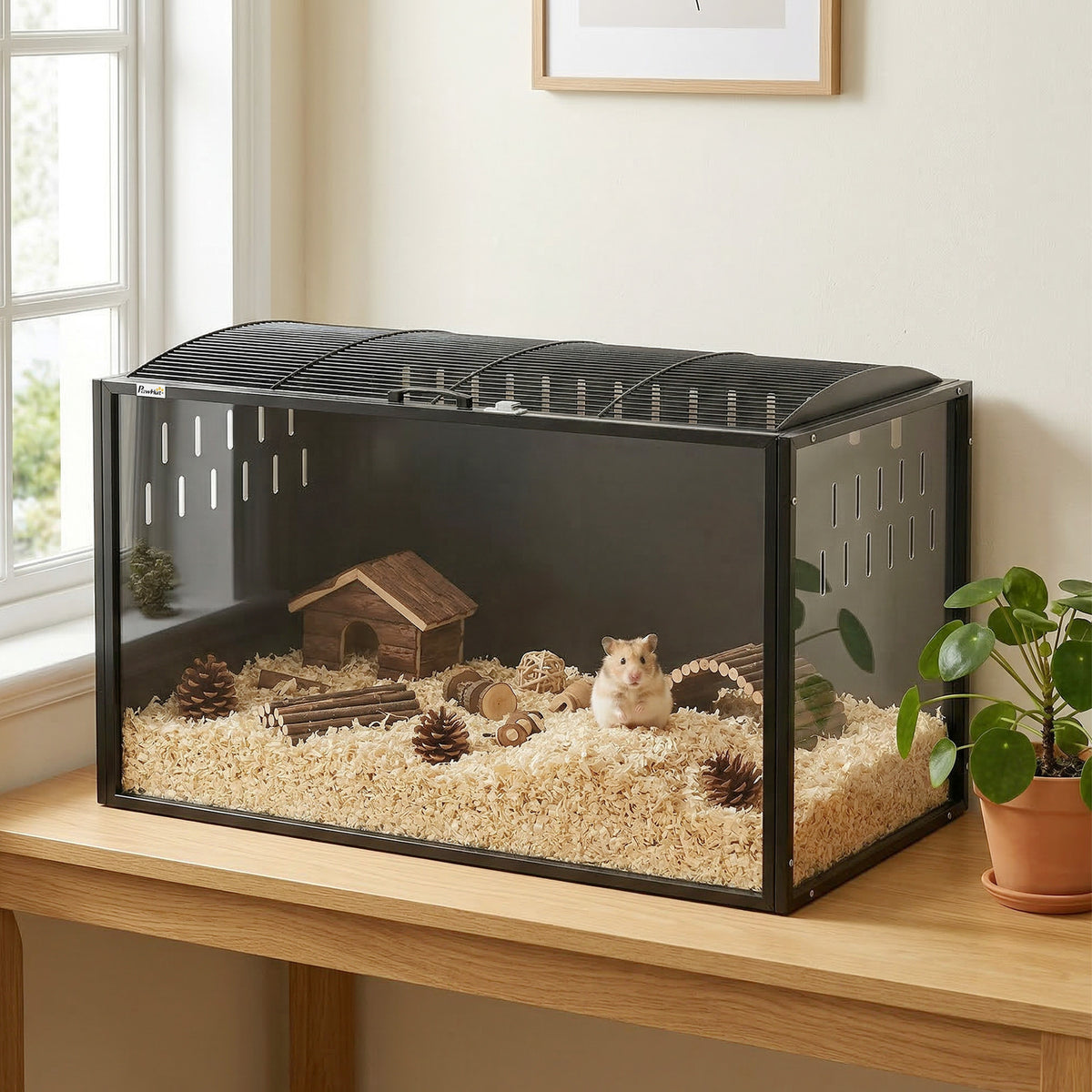 PawHut Hamsterkäfig Groß 105 x 51 x 53 cm Stahl Acryl Nagerkäfig mit aufklappbarem Gewölbtem Deckel – Produktabbildung 2