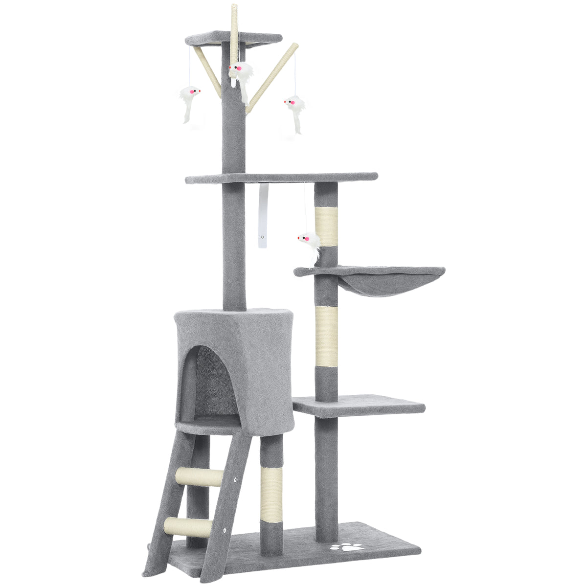 PawHut Kratzbaum Katzenbaum mit Höhle, 4 Spielzeuge, Sisalstämme, große Plattform, Treppe, für Katzen unter 5