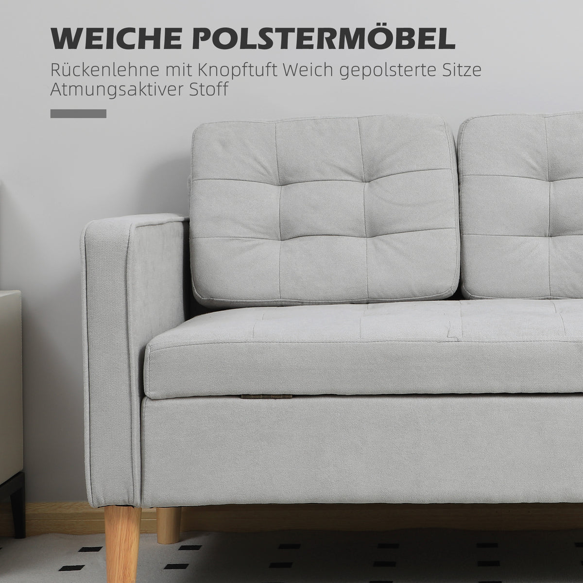 HOMCOM Zweisitzer-Sofa mit Stauraum, Knopfheftung, Kissen, Kautschukbaumholz, 117x62x78cm, Hellgrau – Produktabbildung 5
