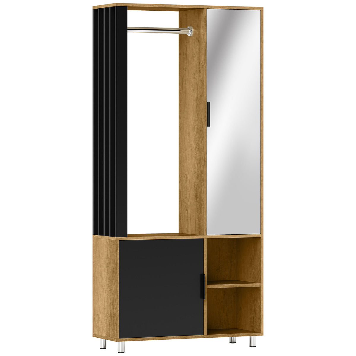 HOMCOM Kleiderschrank mit Spiegel und Hängestange, Aufbewahrungsfächer, offene Ablageflächen, Naturholz