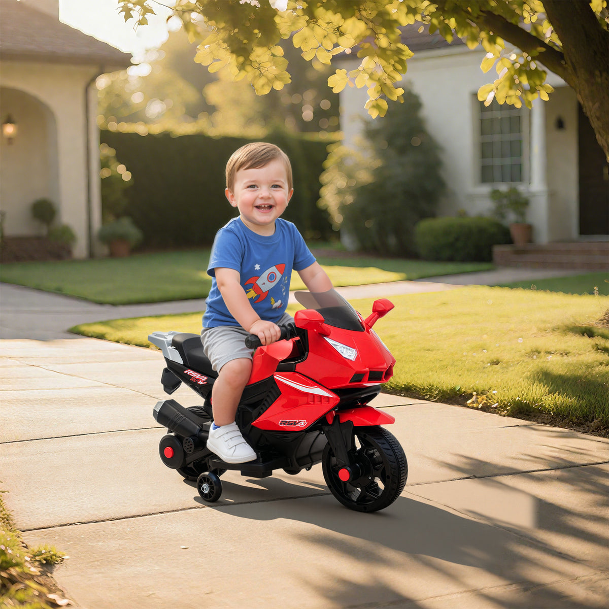 Elektro-Motorrad für Kinder, Hupe, Scheinwerfer, Musikfunktion, 2,5 km/h, Rot – Produktabbildung 2