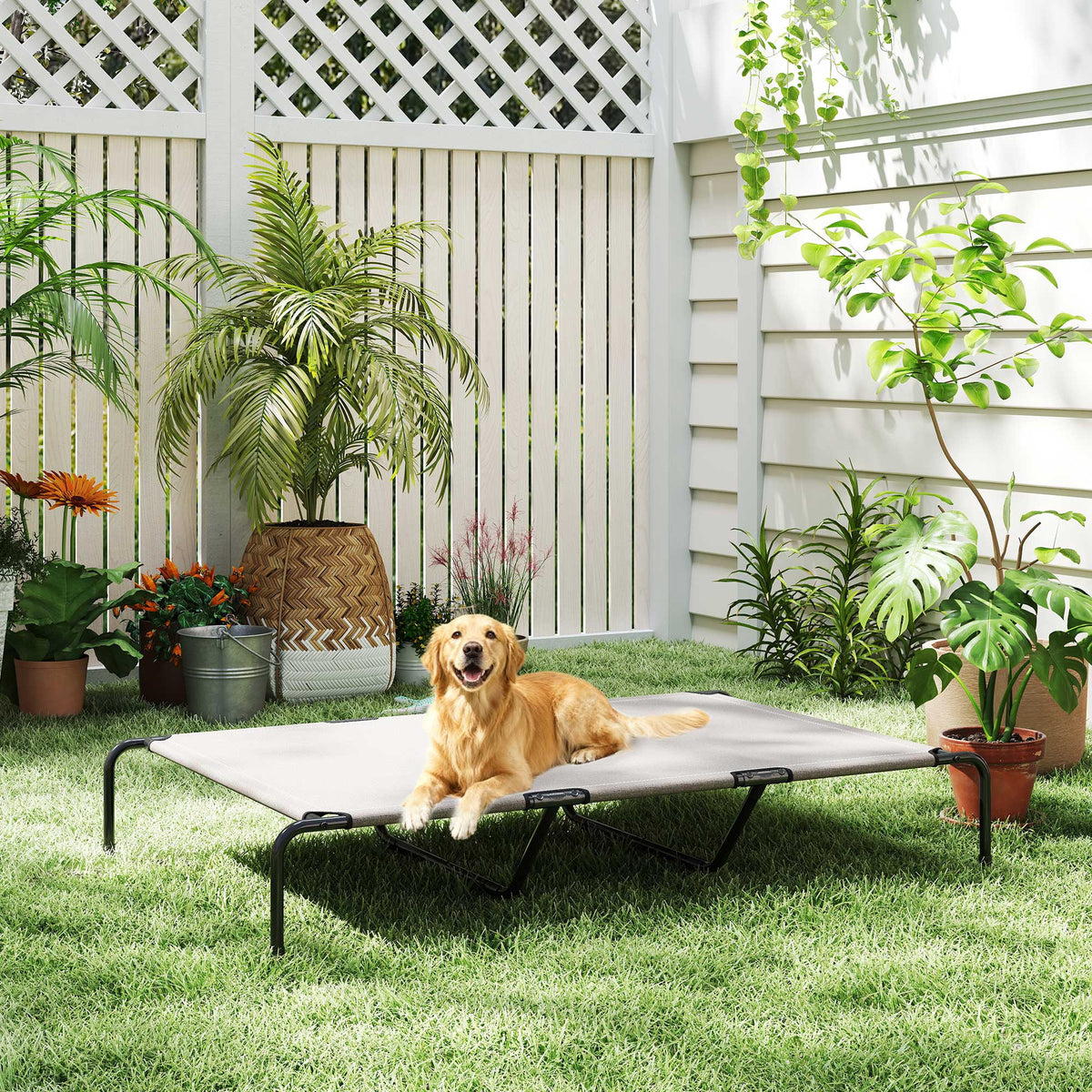 PawHut Hundeliege Outdoor, Erhöhtes Hundebett für große Hunde, mit Stahlrahmen, atmungsaktiv Netzgewebe – Produktabbildung 8