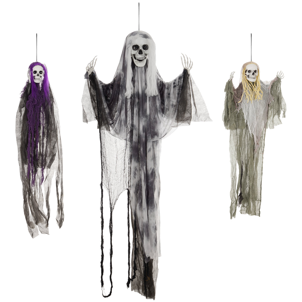 HOMCOM Hängende Skelett-Geister, 3er Set, Halloweendeko, verstellbare Arme, 90/110/200cm