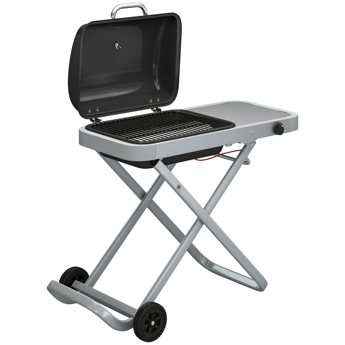 Outsunny Tragbarer Gasgrill 1-Brenner 2,5kW Grillwagen mit Faltbarem Rollwagen Grillrost Seitentisch Deckel