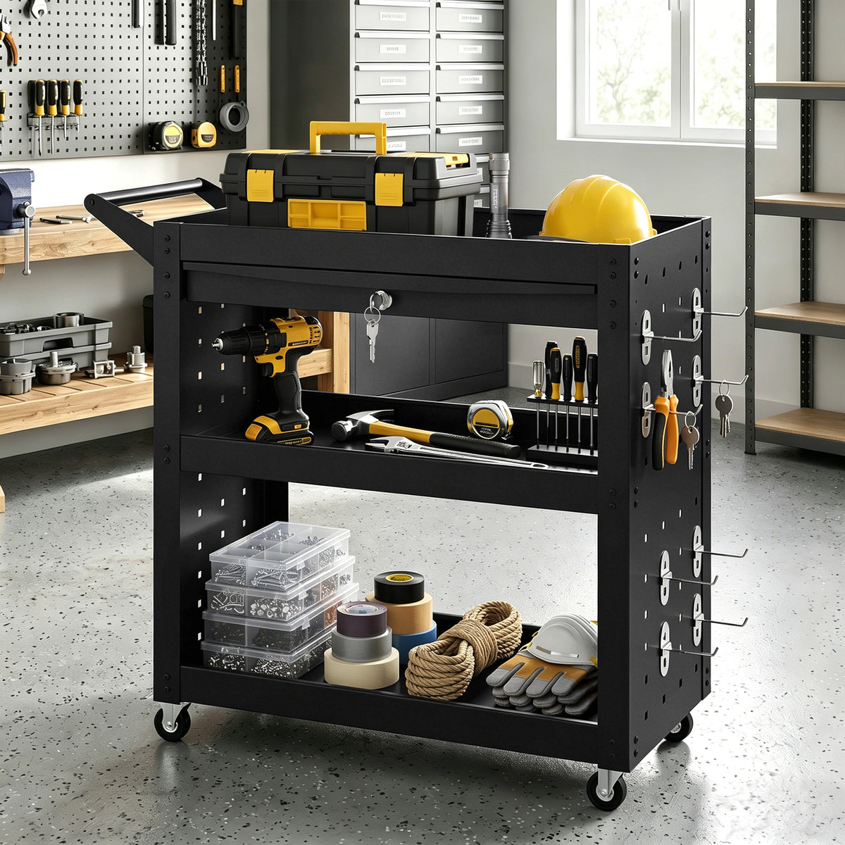 HOMCOM Werkzeugwagen mit abschließbaren Rollen, rollender Werkstattwagen mit 3 Ebenen, Schublade und – Produktabbildung 2