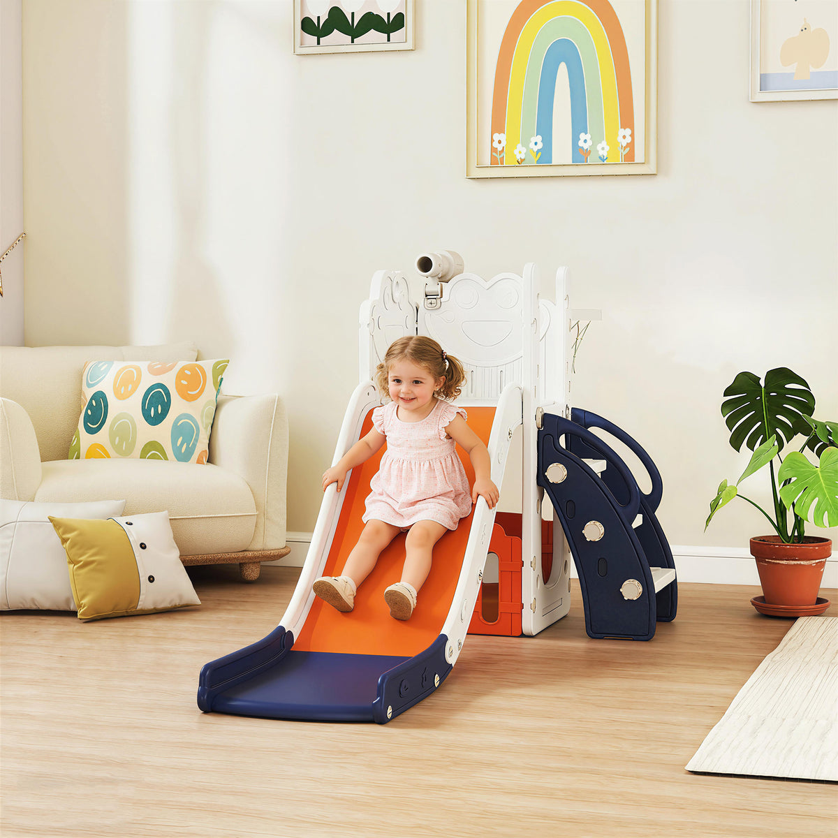 5-in-1 Kinderrutschenset, Teleskop, Basketballkorb, Kunststoff, Orange+Dunkelblau – Produktabbildung 2