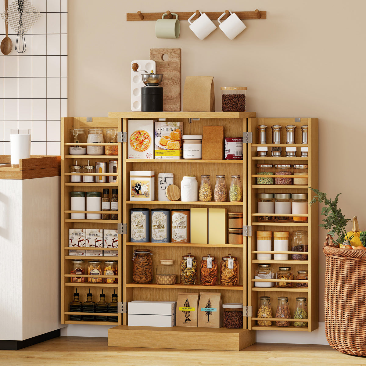 HOMCOM 104 cm Rattan-Küchenschrank mit 5-stufigem Regal, 12 Gewürzfächern und verstellbaren Böden, Natur – Produktabbildung 2