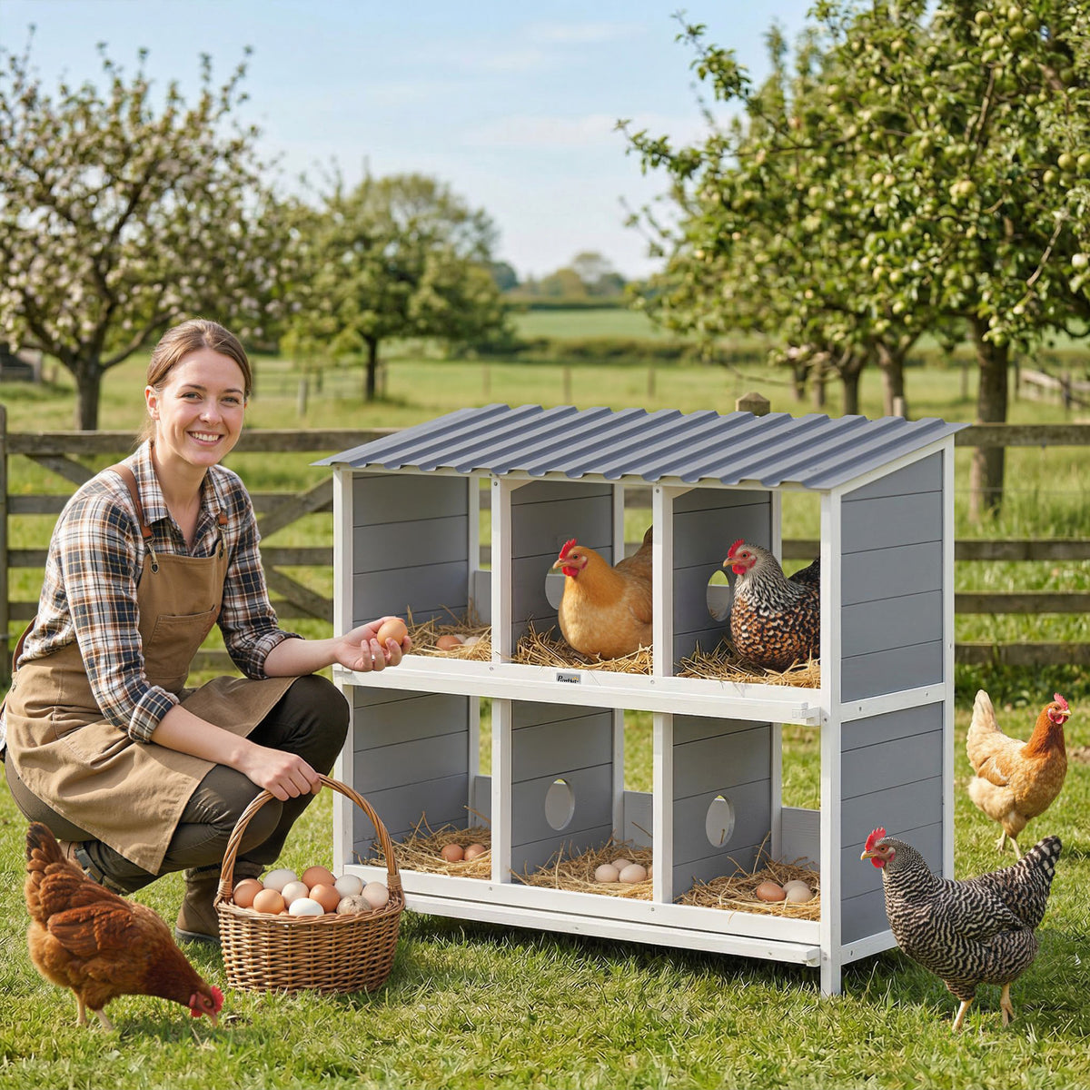 PawHut Legenest für Hühner, erhöhtes Hühnernest aus Holz mit 6 Fächer, 2 Sitzstangen für Kleintierstall – Produktabbildung 2
