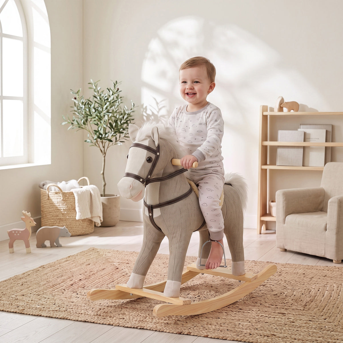 Schaukelpferd mit Sound und Sicherheitsgriffen, Reitpferd mit Holzgestell für Kleinkinder von 12–36 – Produktabbildung 2