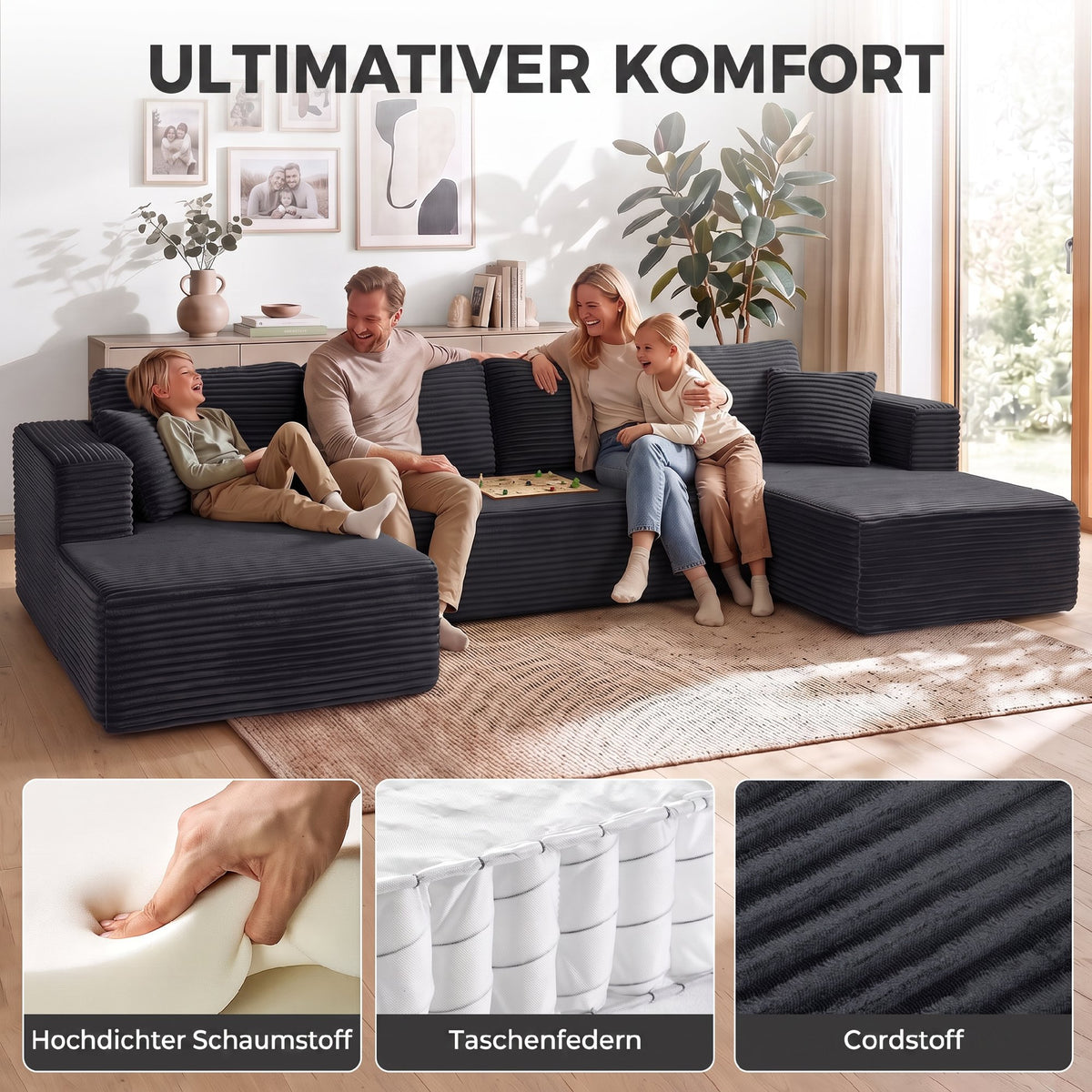 HOMCOM Modulares U-Sofa mit 2 Chaiselongues, Cord-Schlafsofa mit hochdichtem Schaumstoff und – Produktabbildung 5