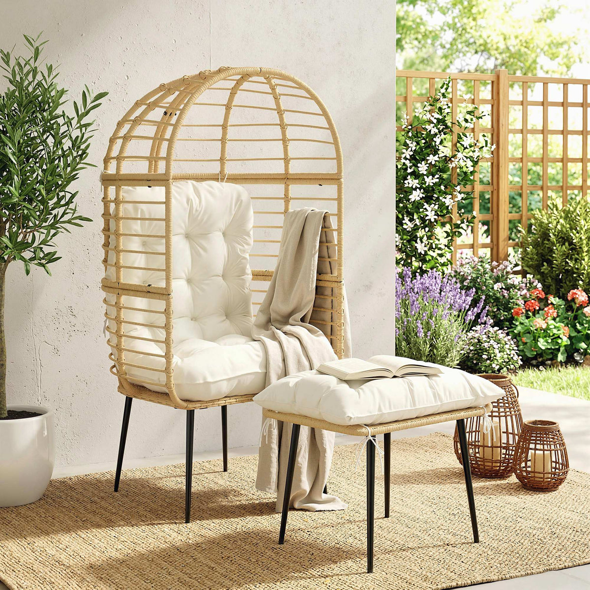 Outsunny Gartensessel mit Hocker PE Rattan Ei-Form Korbsessel mit langen & dicken Kissen Metallrahmen – Produktabbildung 2