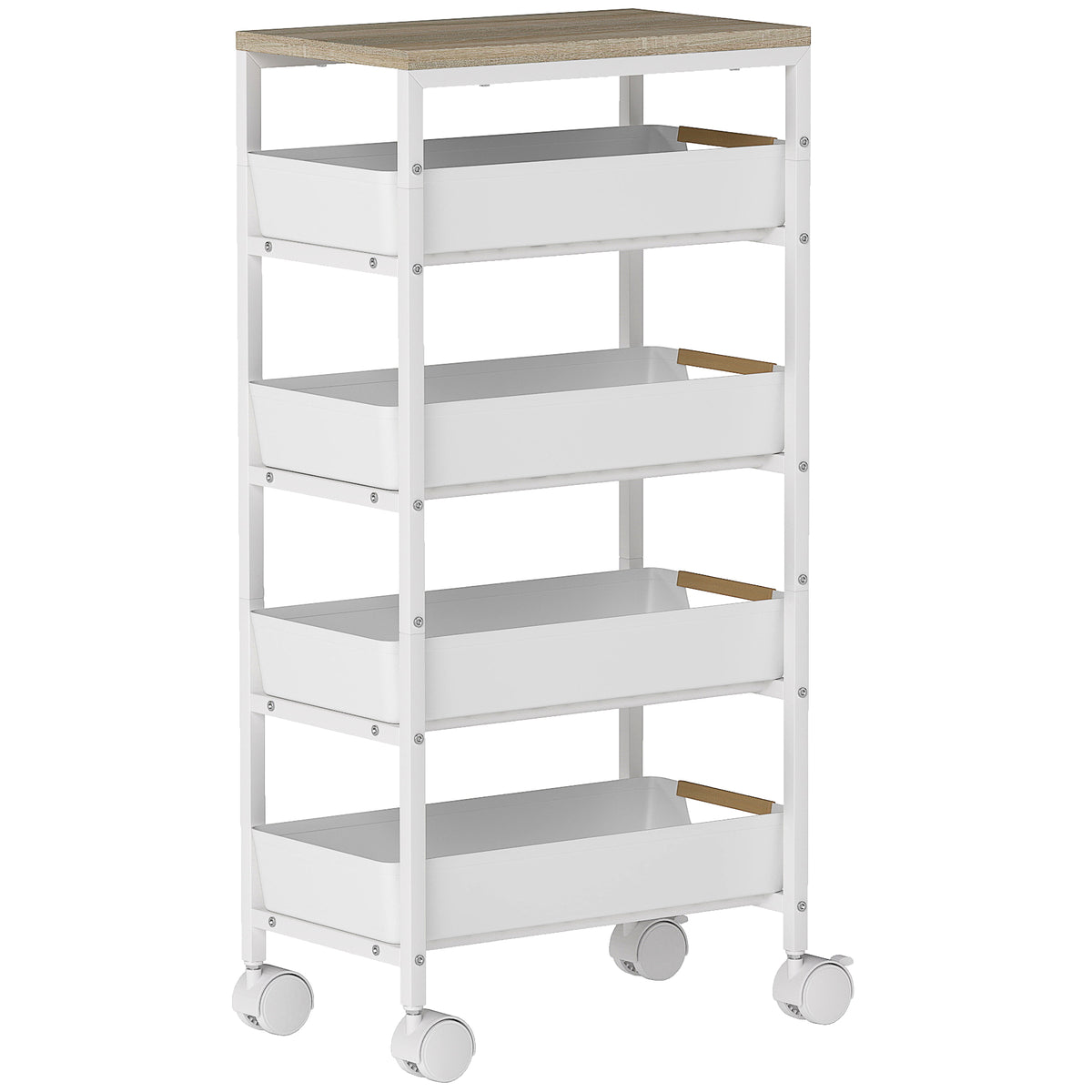 HOMCOM 5-stufiger Küchenwagen, Holzoptik, rollbar, Metallrahmen, 4 Schubladen, Weiß