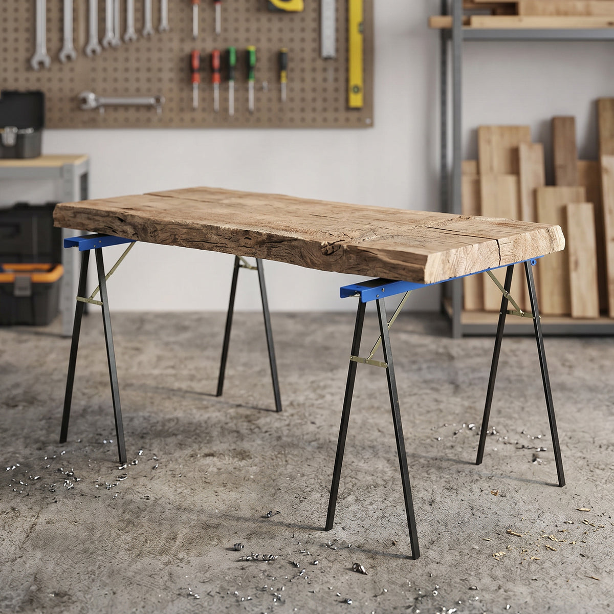 HOMCOM Set aus 2 robusten, klappbaren Sägeböcken aus Metall für Schreinerarbeiten und DIY-Projekte, Blau – Produktabbildung 2