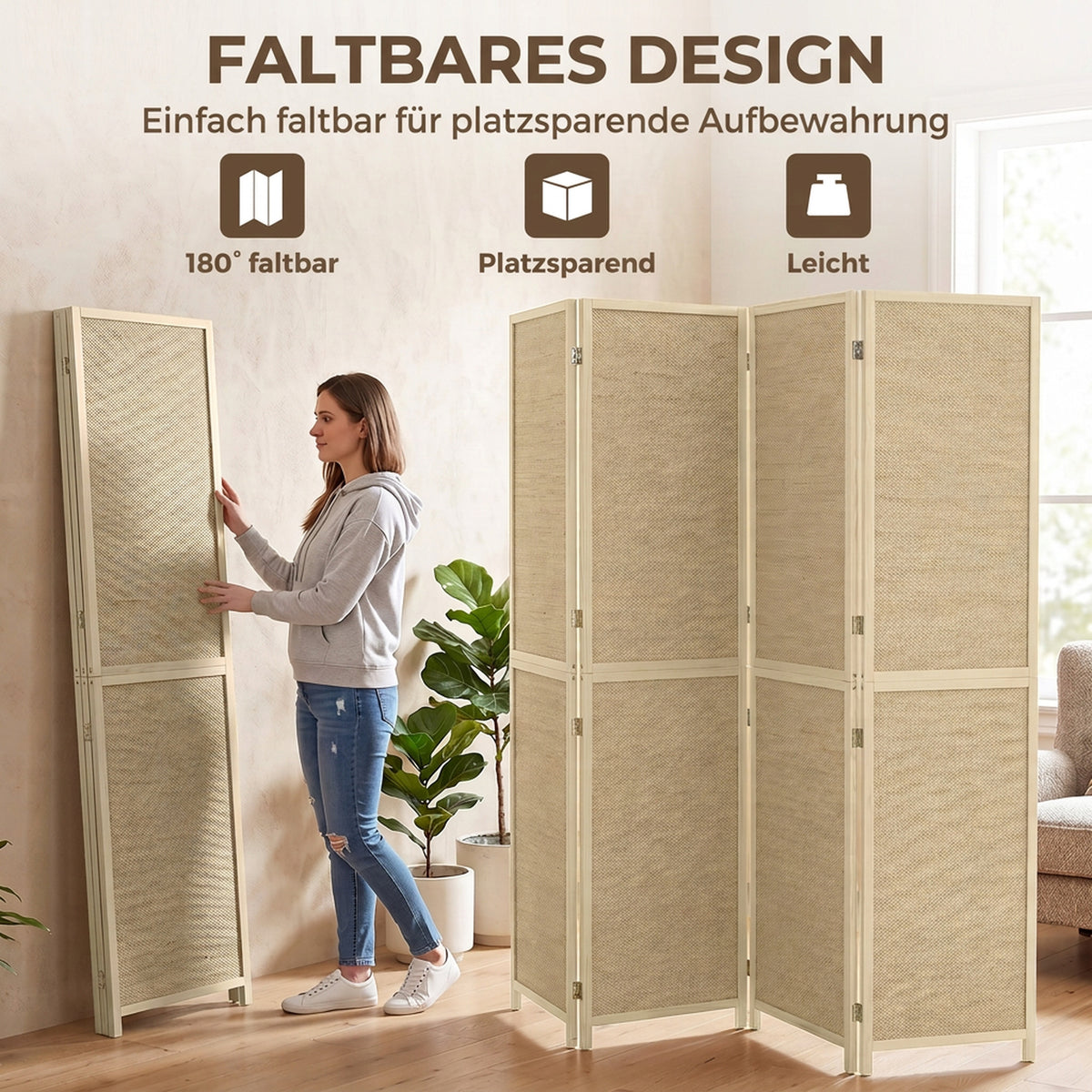 HOMCOM Paravent mit 4 Paneelen, faltbare Trennwand aus handgeflochtenem Bambus, 180 x 180 cm, Natur – Produktabbildung 6