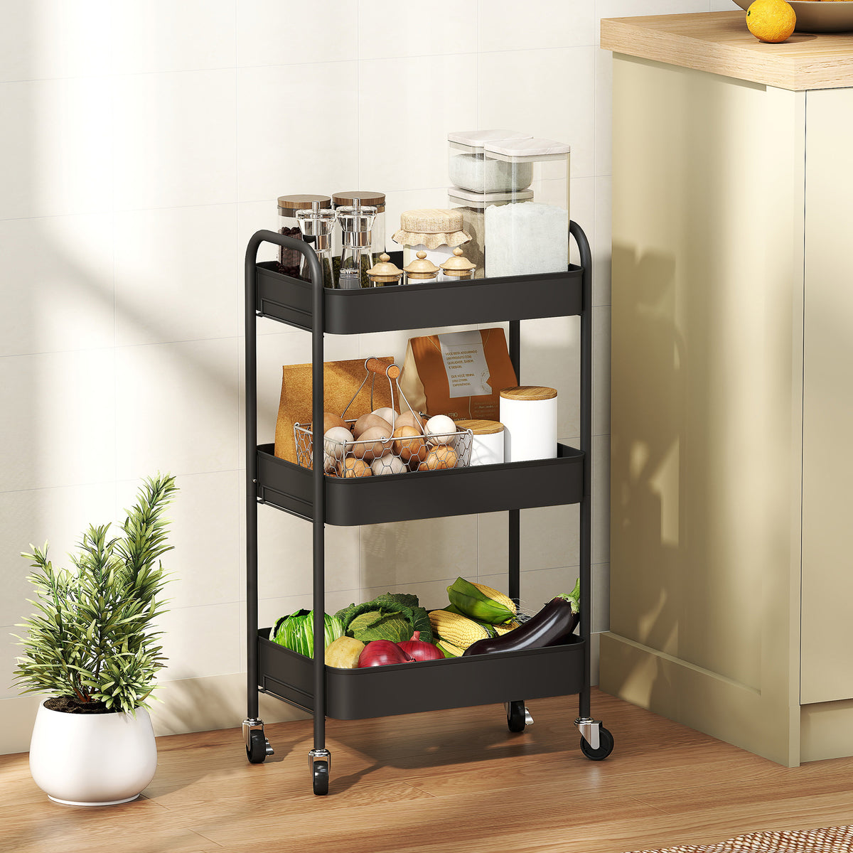 HOMCOM Mehrzweckwagen Rollwagen Küchenwagen, 3 Regale, 4 Rollen, 45 cm x 30,6 cm x 79 cm, Schwarz – Produktabbildung 2